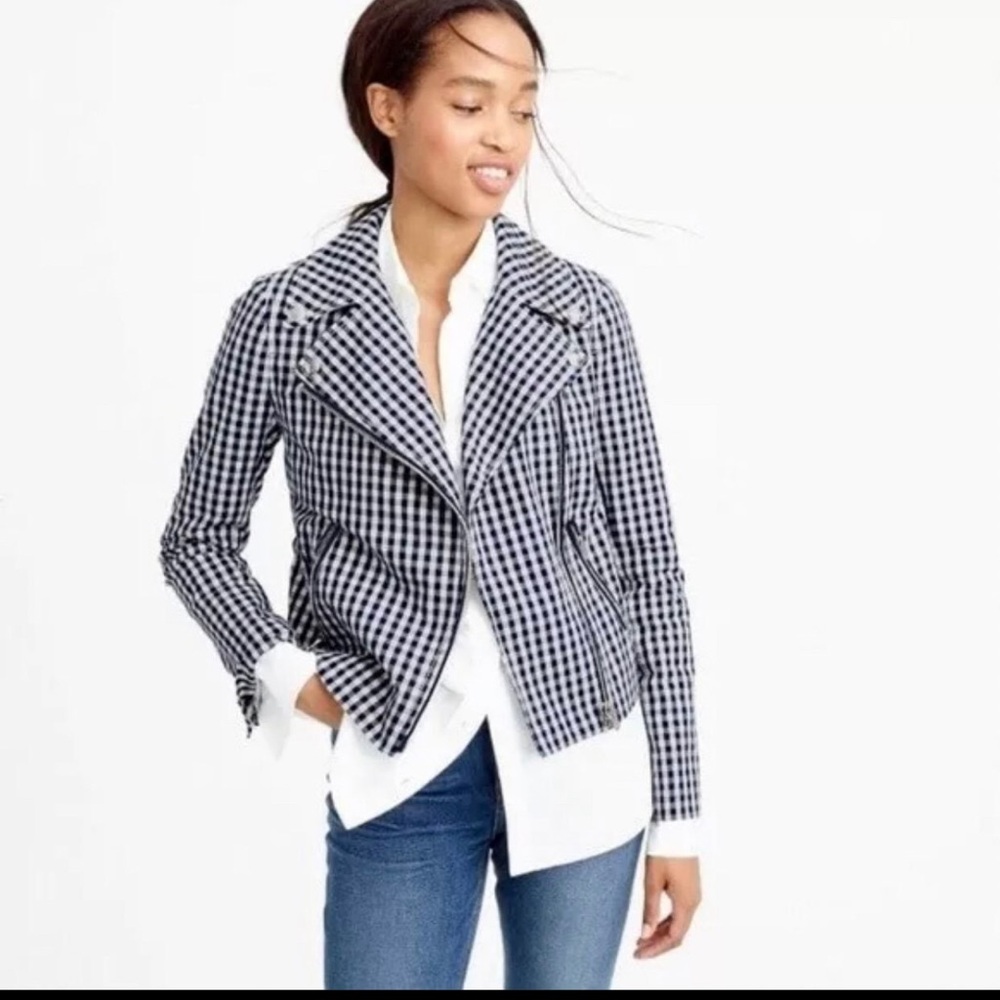 J. CREW Womens MOTORCYCLE JACKET Blue White Gingham SIZE 4 Zipper Front NWT